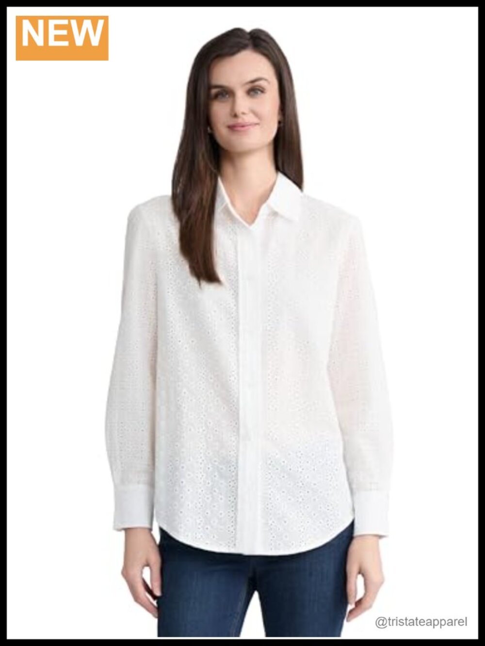 Jones New York Women's Cotton Eyelet Long Sleeve Button Front Top